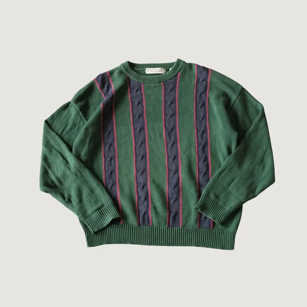 John Ashford Sweater Cable Knit Green Striped 100% Cotton XL Vintage Preppy 3437